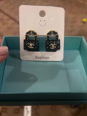 Black and Gold Quilted Handbag Inspired  Stud Earrings